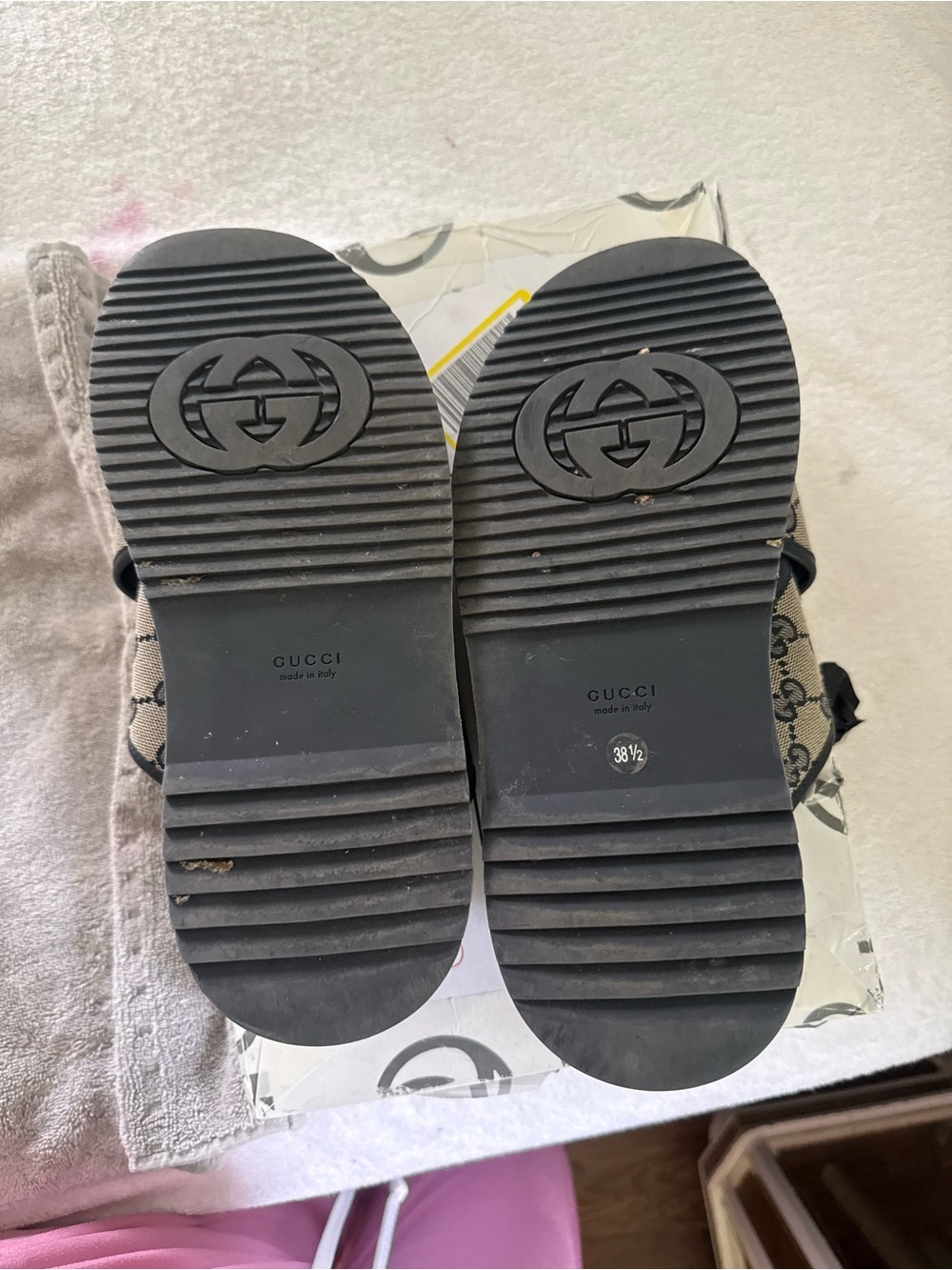 Excellent Preowned Condition Authentic Gucci Monogram Cross-Strap Wedge Slides - Picture 12 of 16